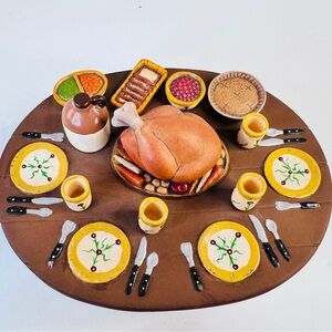 Signed Whimsical Ceramic Miniature Thanksgiving Table Turkey Pie Cider 2 pc Vntg